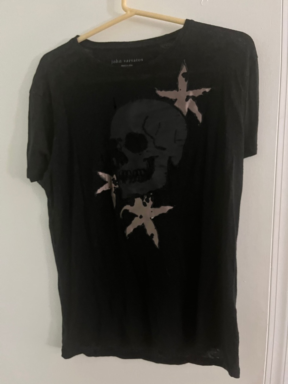 John Varvatos Black Tee with Pale Pink Star Accents and Skull Graphic